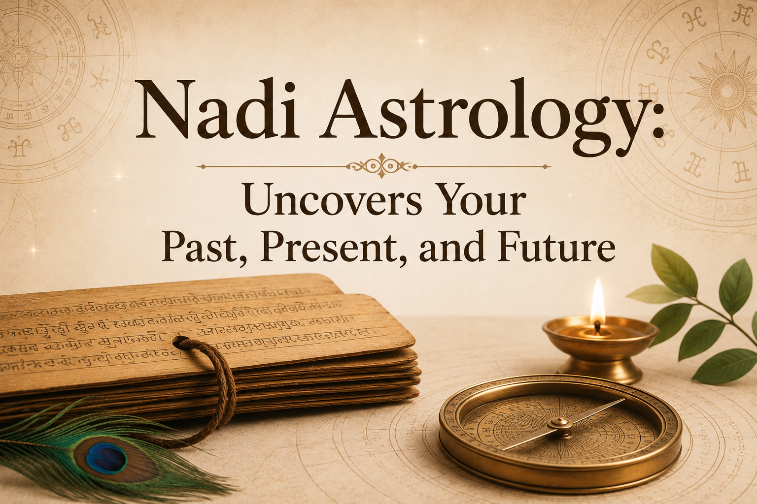 **Alt Text:** Ancient Nadi astrology palm-leaf manuscripts displayed beside a brass astrological compass, peacock feather, and oil lamp on a warm parchment background. The image features subtle zodiac symbols and the title “Nadi Astrology: Uncovers Your Past, Present, and Future,” creating a mystical and spiritual atmosphere inspired by traditional Vedic wisdom and Nadi leaf reading.